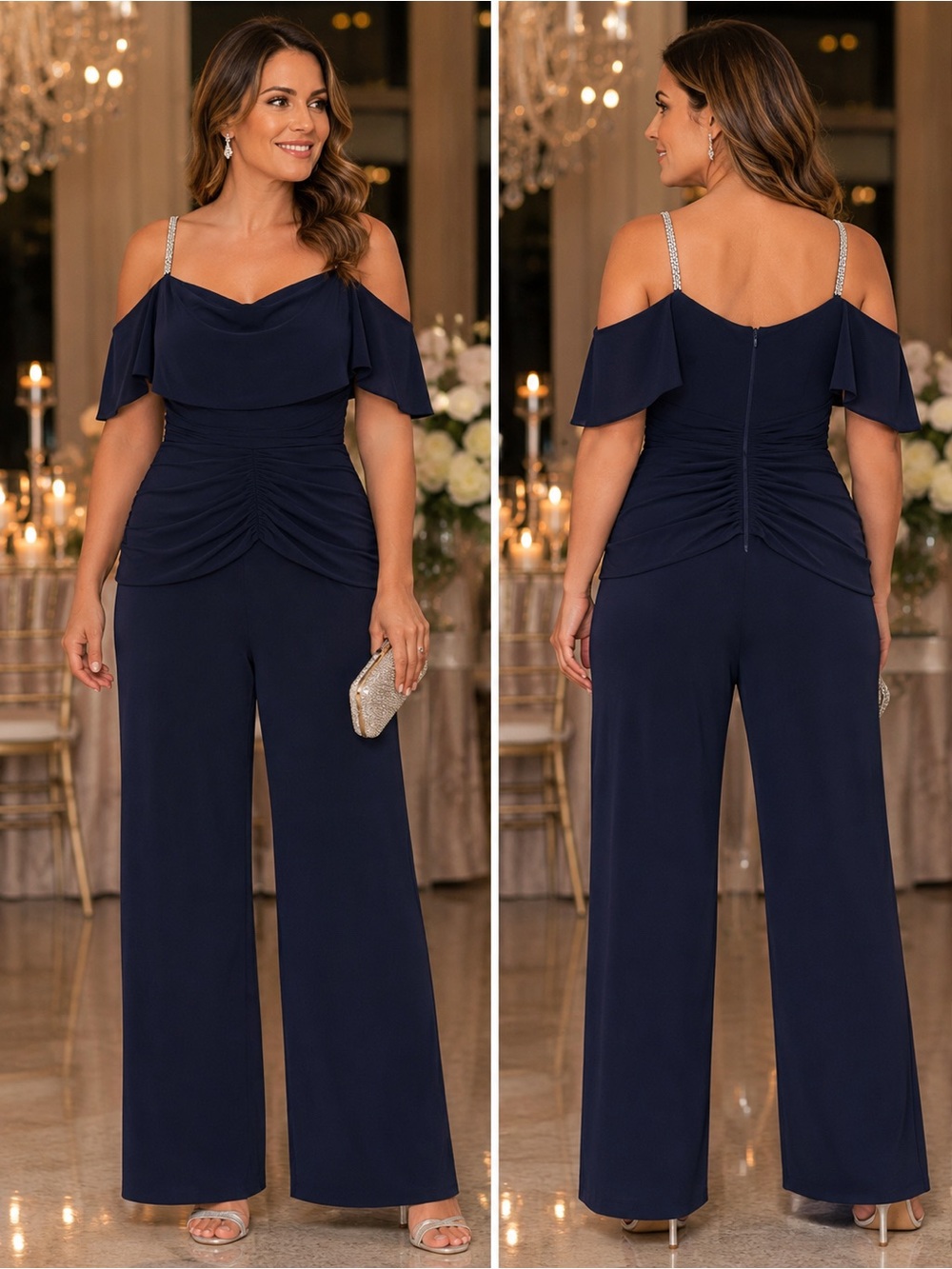 Night Way Collections Navy Off-Shoulder Wide-Leg Jumpsuit with Rhinestone Straps